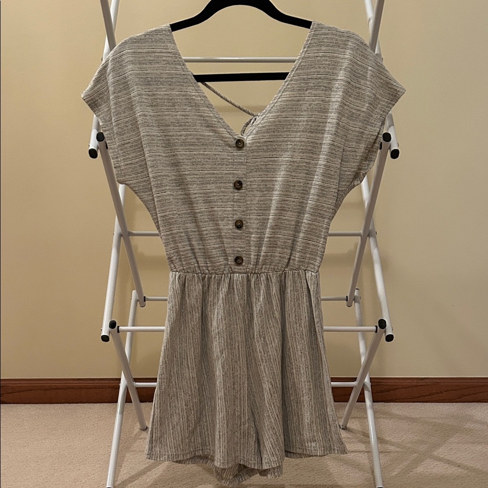 Caution To The Wind Grey Striped Romper